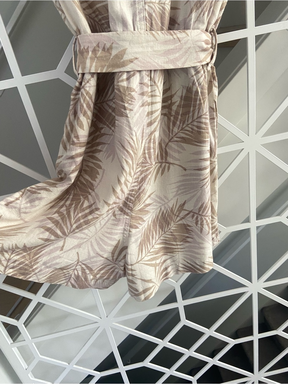 Linen Blend Romper Small Neutral Palm Print Tie Waist Pockets | Matty M - Picture 4 of 8